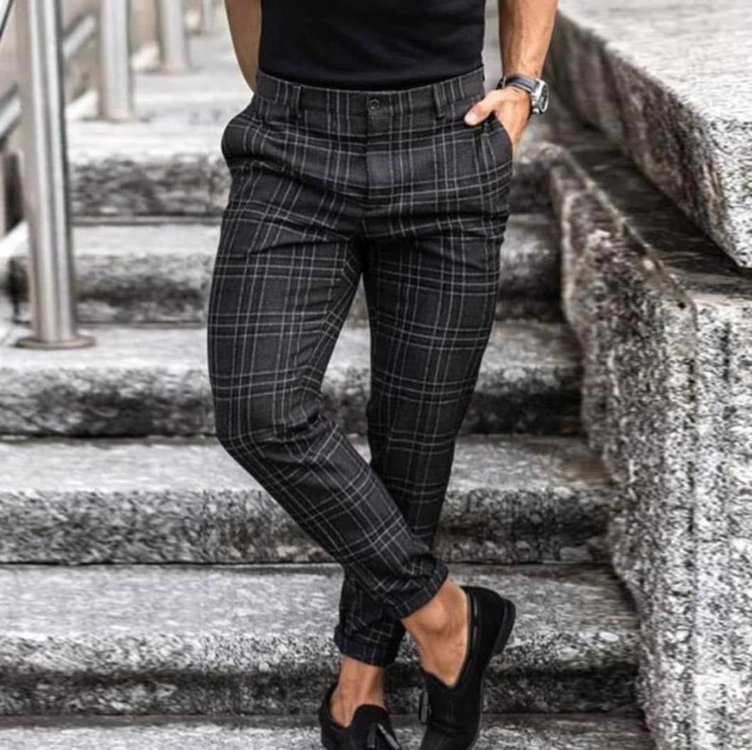 Aiden | Men's Check Chinos with Stretch, Tailored Trousers | Dressific | Negro