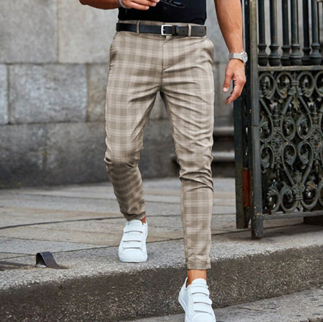Aiden | Men's Check Chinos with Stretch, Tailored Trousers | Dressific | Beige