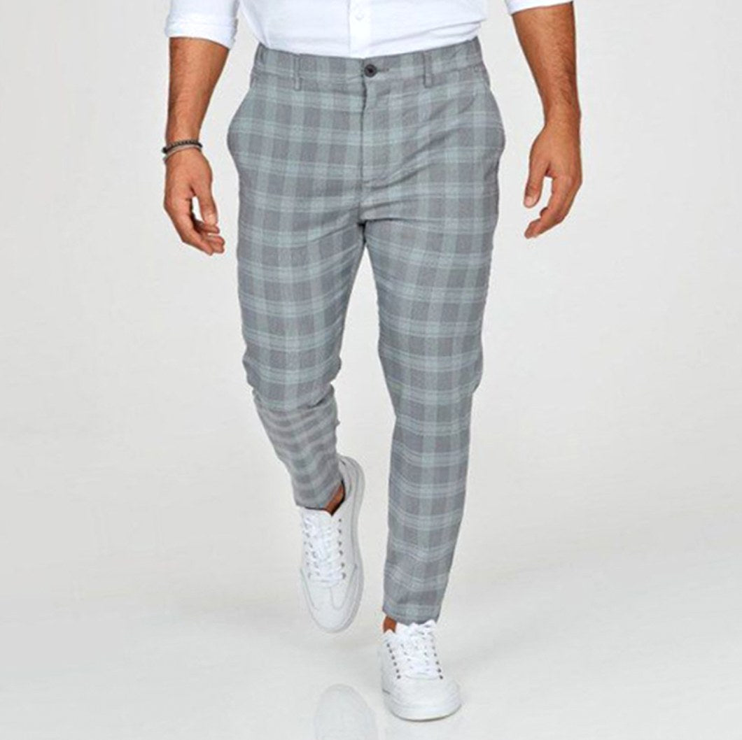 Aiden | Men's Check Chinos with Stretch, Tailored Trousers | Dressific | Gris claro