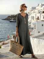 Alannah | Women's Cotton-Linen Shirt Dress, Three-Quarter Sleeve Dress | Dressific