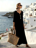 Alannah | Women's Cotton-Linen Shirt Dress, Three-Quarter Sleeve Dress | Dressific