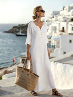 Alannah | Women's Cotton-Linen Shirt Dress, Three-Quarter Sleeve Dress | Dressific