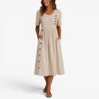 Alannah | Women's Striped Midi Dress with Button Details, Relaxed Midi Dress | Dressific | Beige