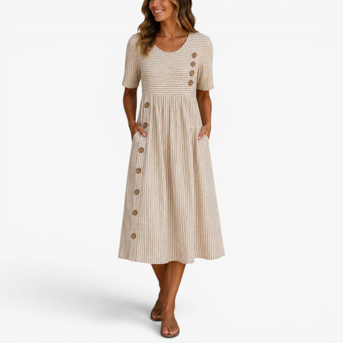 Alannah | Women's Striped Midi Dress with Button Details, Relaxed Midi Dress | Dressific | Beige