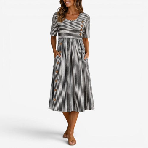 Alannah | Women's Striped Midi Dress with Button Details, Relaxed Midi Dress | Dressific | Gray