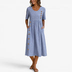 Alannah | Women's Striped Midi Dress with Button Details, Relaxed Midi Dress | Dressific | Blue