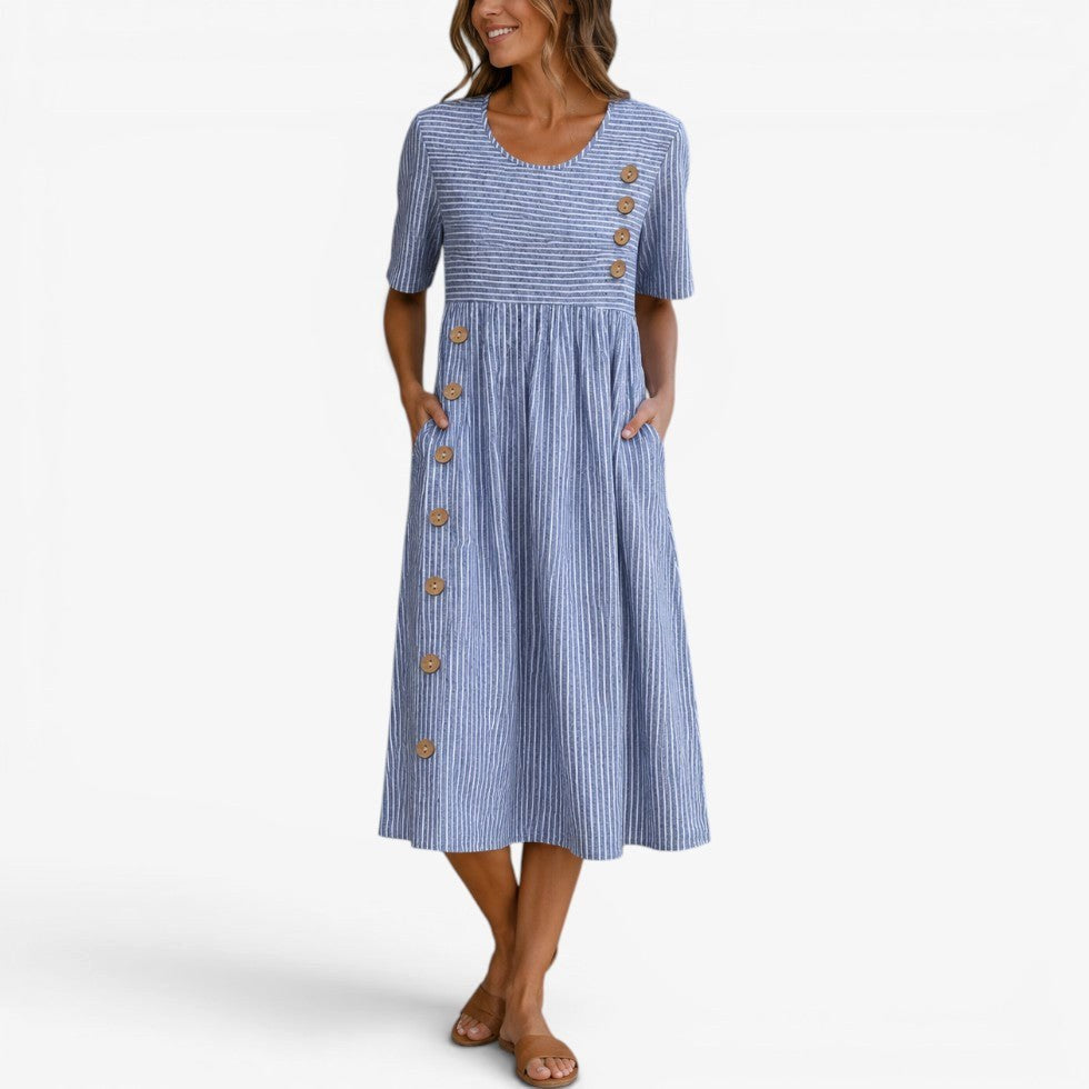 Alannah | Women's Striped Midi Dress with Button Details, Relaxed Midi Dress | Dressific | Blue