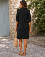 Alyssa | Women's Lightweight Midi Dress with Collar and Button Front, Three-Quarter Sleeve Dress | Dressific | Zwart