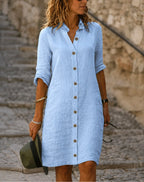 Alyssa | Women's Lightweight Midi Dress with Collar and Button Front, Three-Quarter Sleeve Dress | Dressific | Wit
