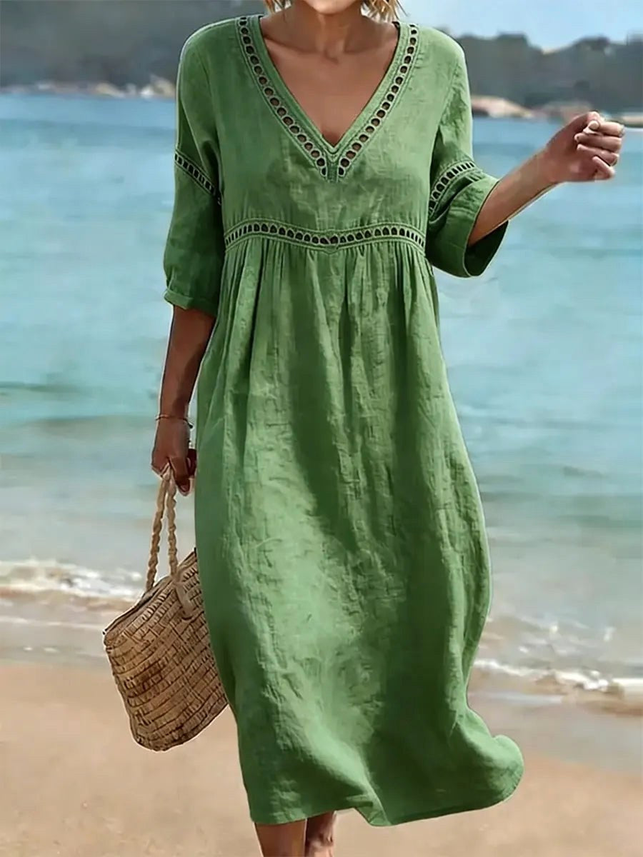 Alyssa | Women's V-Neck Cotton Dress, Fluid Midi Dress | Dressific