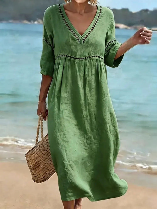 Alyssa | Women's V-Neck Cotton Dress, Fluid Midi Dress | Dressific