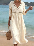 Alyssa | Women's V-Neck Cotton Dress, Fluid Midi Dress | Dressific
