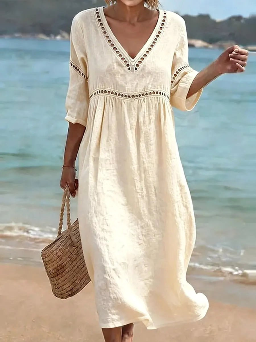 Alyssa | Women's V-Neck Cotton Dress, Fluid Midi Dress | Dressific