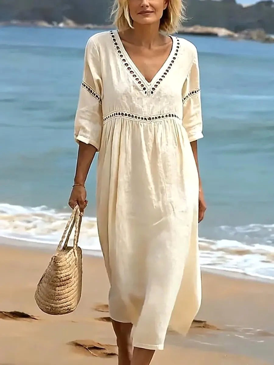 Alyssa | Women's V-Neck Cotton Dress, Fluid Midi Dress | Dressific