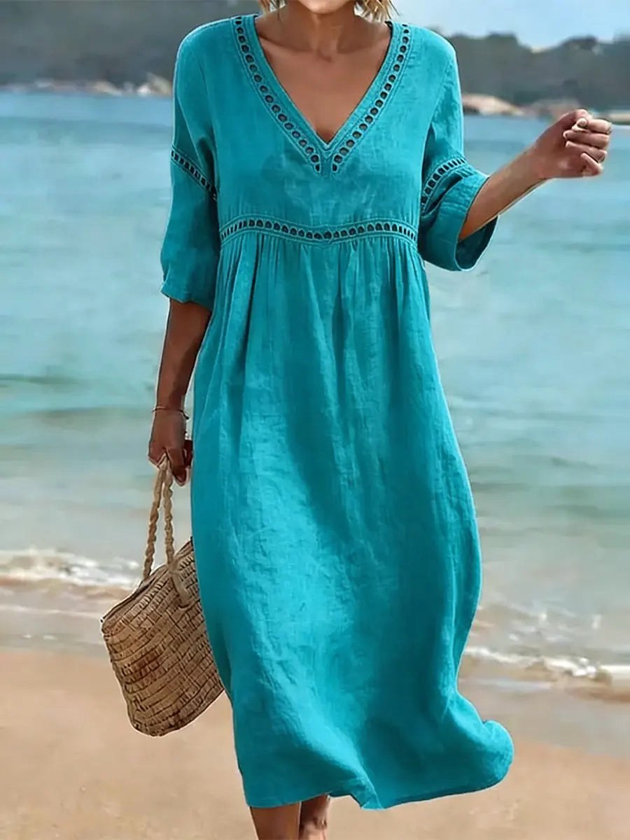 Alyssa | Women's V-Neck Cotton Dress, Fluid Midi Dress | Dressific
