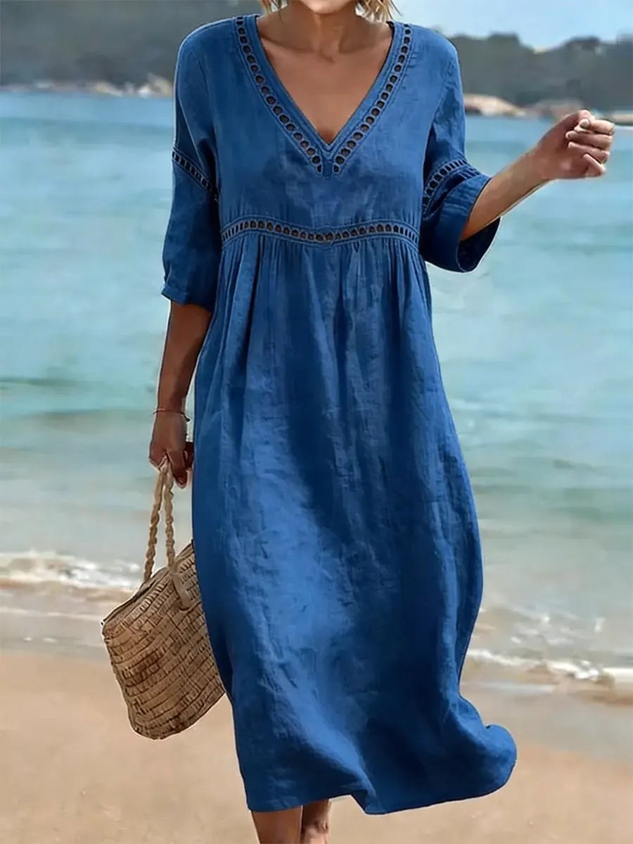 Alyssa | Women's V-Neck Cotton Dress, Fluid Midi Dress | Dressific
