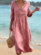 Alyssa | Women's V-Neck Cotton Dress, Fluid Midi Dress | Dressific