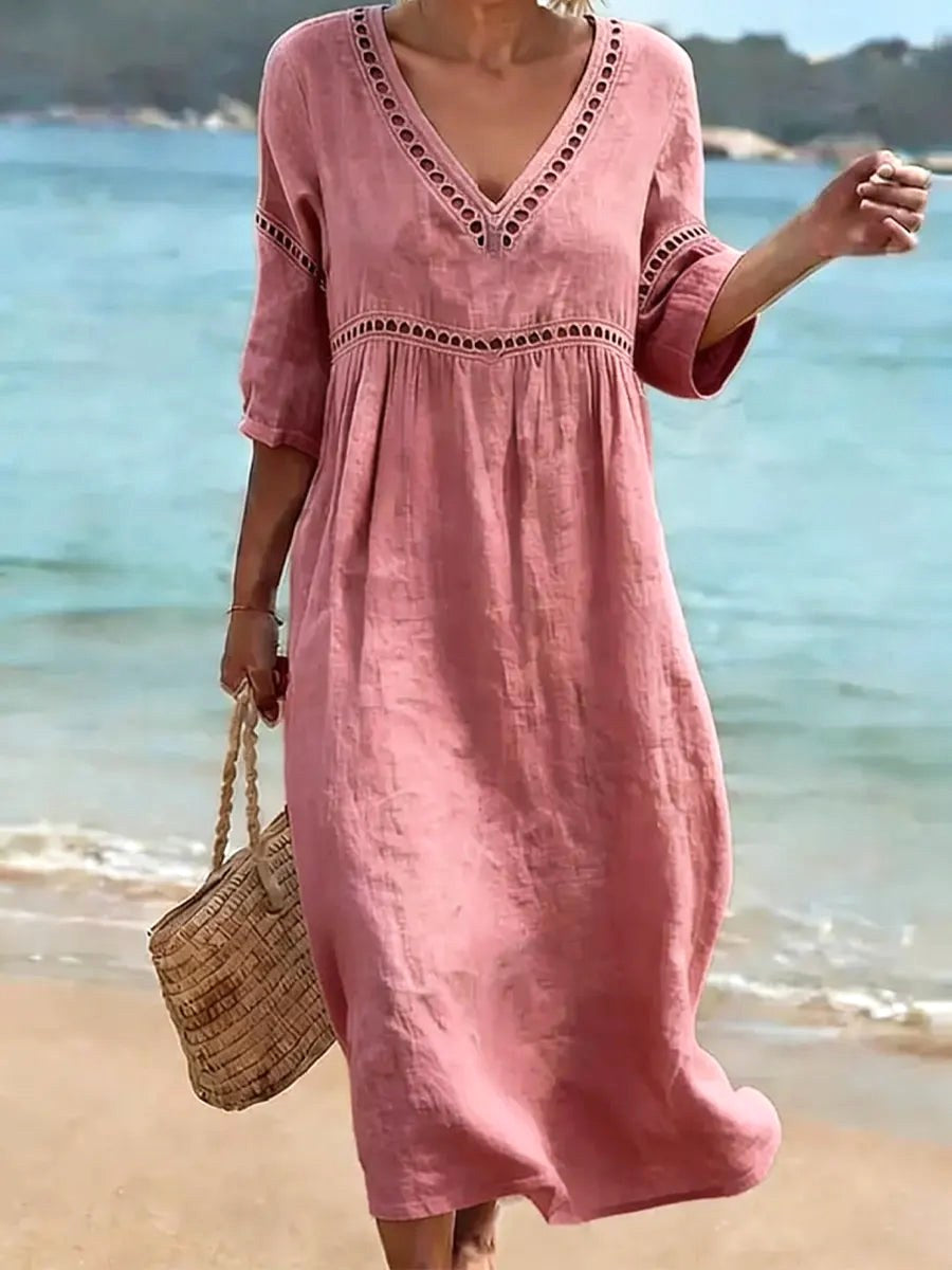 Alyssa | Women's V-Neck Cotton Dress, Fluid Midi Dress | Dressific