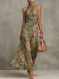 Amelia | Women's Halter Maxi Dress with Floral Print, Chiffon Special Occasion Dress | Dressific | Green