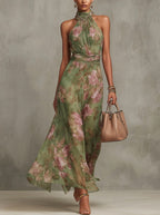 Amelia | Women's Halter Maxi Dress with Floral Print, Chiffon Special Occasion Dress | Dressific | Green
