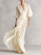 Avery | Women's Ivory Chiffon Wrap Dress With Puff Sleeves, Flattering Summer Dress for Holidays and Everyday Wear, Flattering Summer Dress for Holidays and Everyday Wear - Ivory