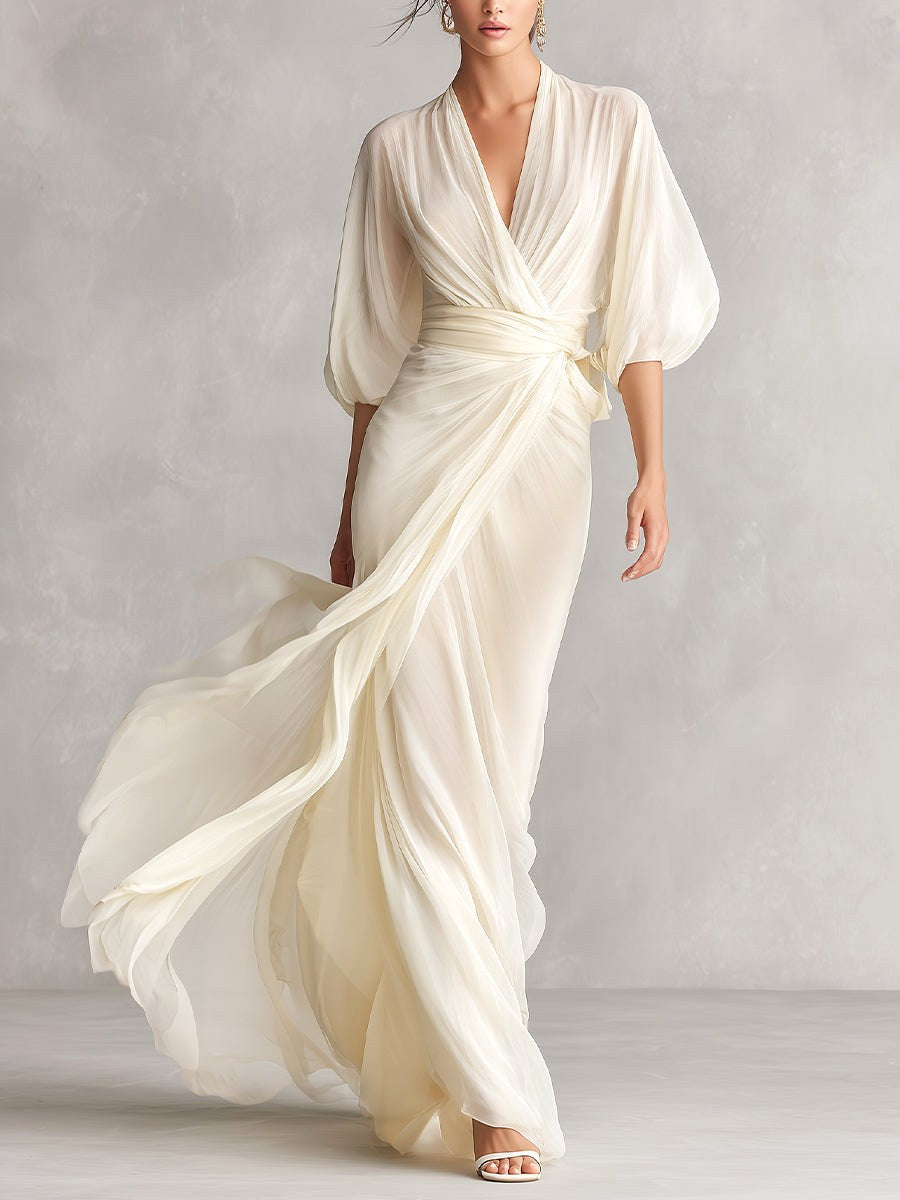 Avery | Women's Ivory Chiffon Wrap Dress With Puff Sleeves, Flattering Summer Dress for Holidays and Everyday Wear, Flattering Summer Dress for Holidays and Everyday Wear - Ivory