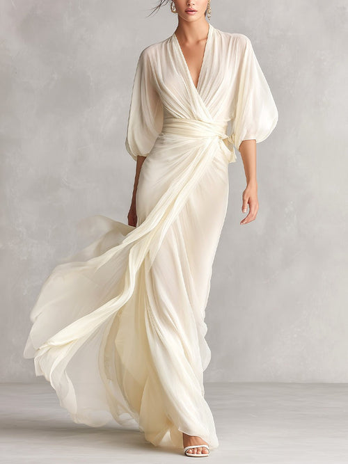Avery | Women's Ivory Chiffon Wrap Dress With Puff Sleeves, Flattering Summer Dress for Holidays and Everyday Wear, Flattering Summer Dress for Holidays and Everyday Wear - Ivory