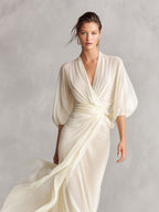 Avery | Women's Ivory Chiffon Wrap Dress With Puff Sleeves, Flattering Summer Dress for Holidays and Everyday Wear, Flattering Summer Dress for Holidays and Everyday Wear - image 2