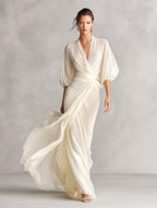 Avery | Women's Ivory Chiffon Wrap Dress With Puff Sleeves, Flattering Summer Dress for Holidays and Everyday Wear, Flattering Summer Dress for Holidays and Everyday Wear - image 3