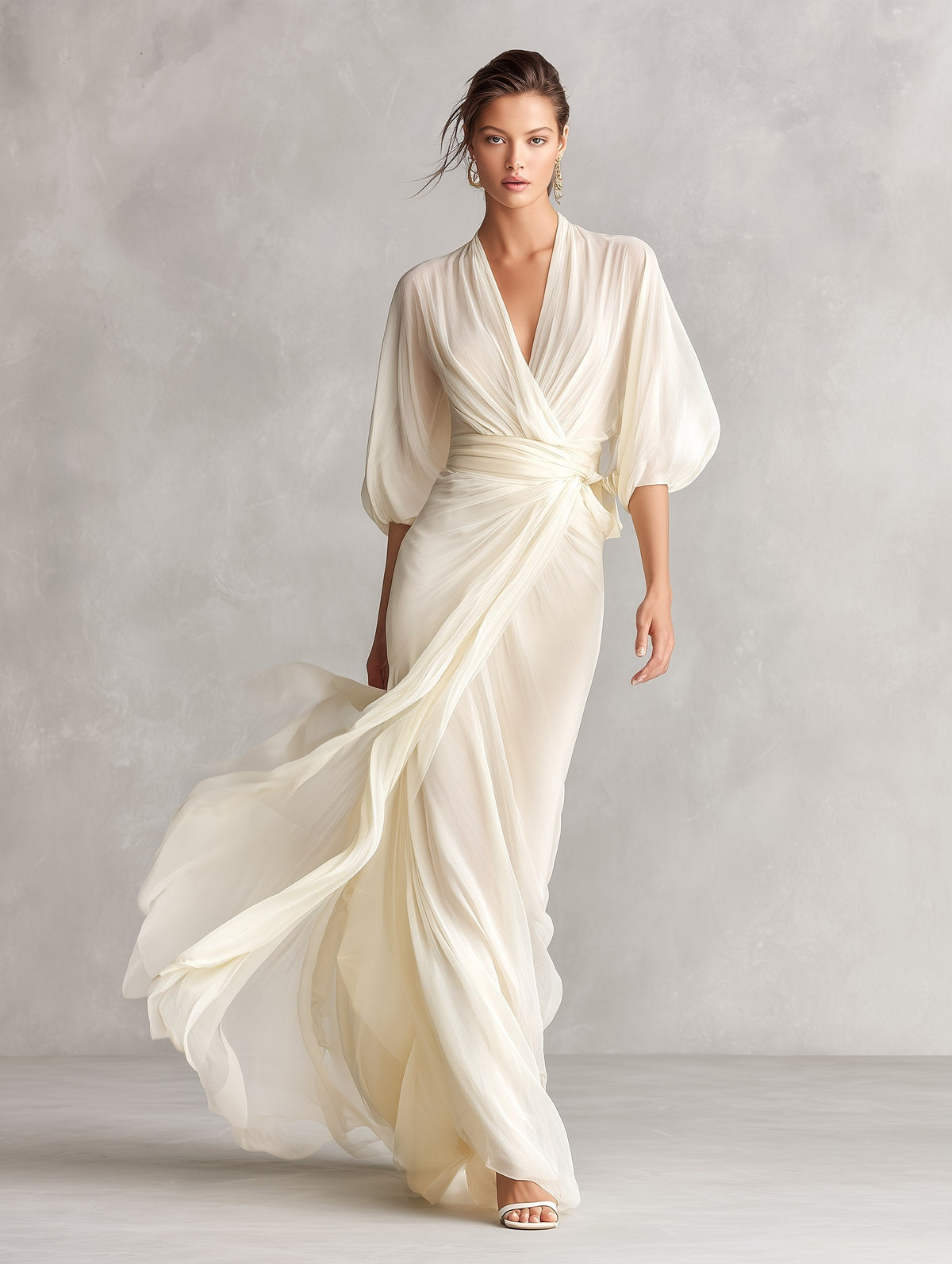 Avery | Women's Ivory Chiffon Wrap Dress With Puff Sleeves, Flattering Summer Dress for Holidays and Everyday Wear, Flattering Summer Dress for Holidays and Everyday Wear - image 3