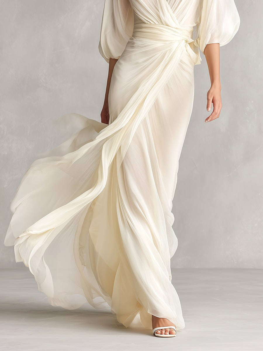 Avery | Women's Ivory Chiffon Wrap Dress With Puff Sleeves, Flattering Summer Dress for Holidays and Everyday Wear, Flattering Summer Dress for Holidays and Everyday Wear - image 4