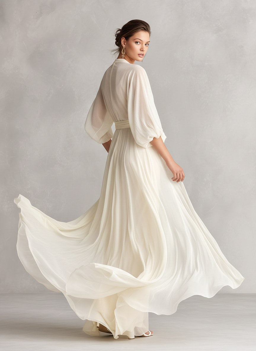 Avery | Women's Ivory Chiffon Wrap Dress With Puff Sleeves, Flattering Summer Dress for Holidays and Everyday Wear, Flattering Summer Dress for Holidays and Everyday Wear - image 5