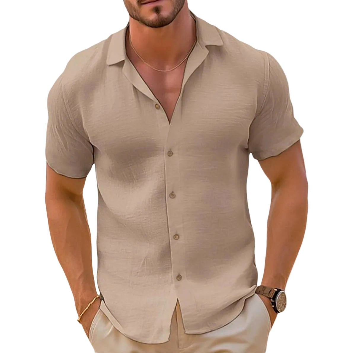 Bailey | Men's Linen-Blend Woven Shirt, Short-Sleeve Button Shirt | Dressific | Khaki