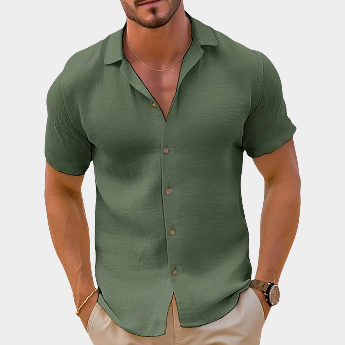 Bailey | Men's Linen-Blend Woven Shirt, Short-Sleeve Button Shirt | Dressific | Green