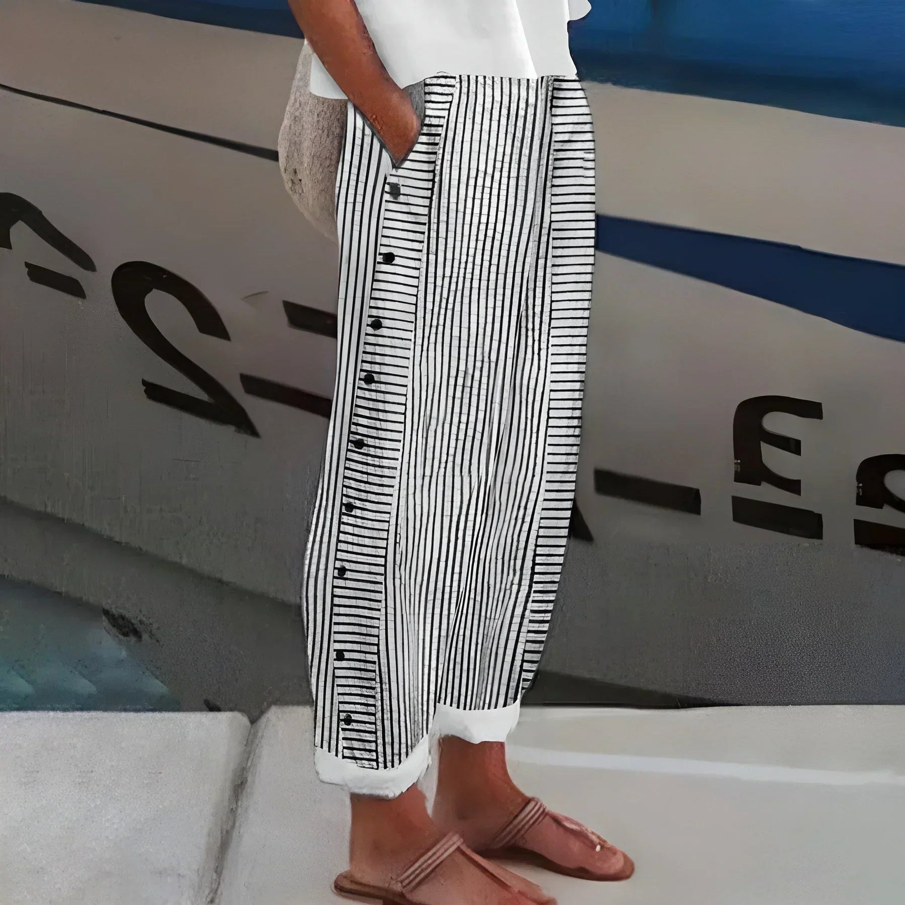 Bianca | Women's Lightweight Stripe Trousers, Relaxed Elastic Waist Trousers | Dressific | Black