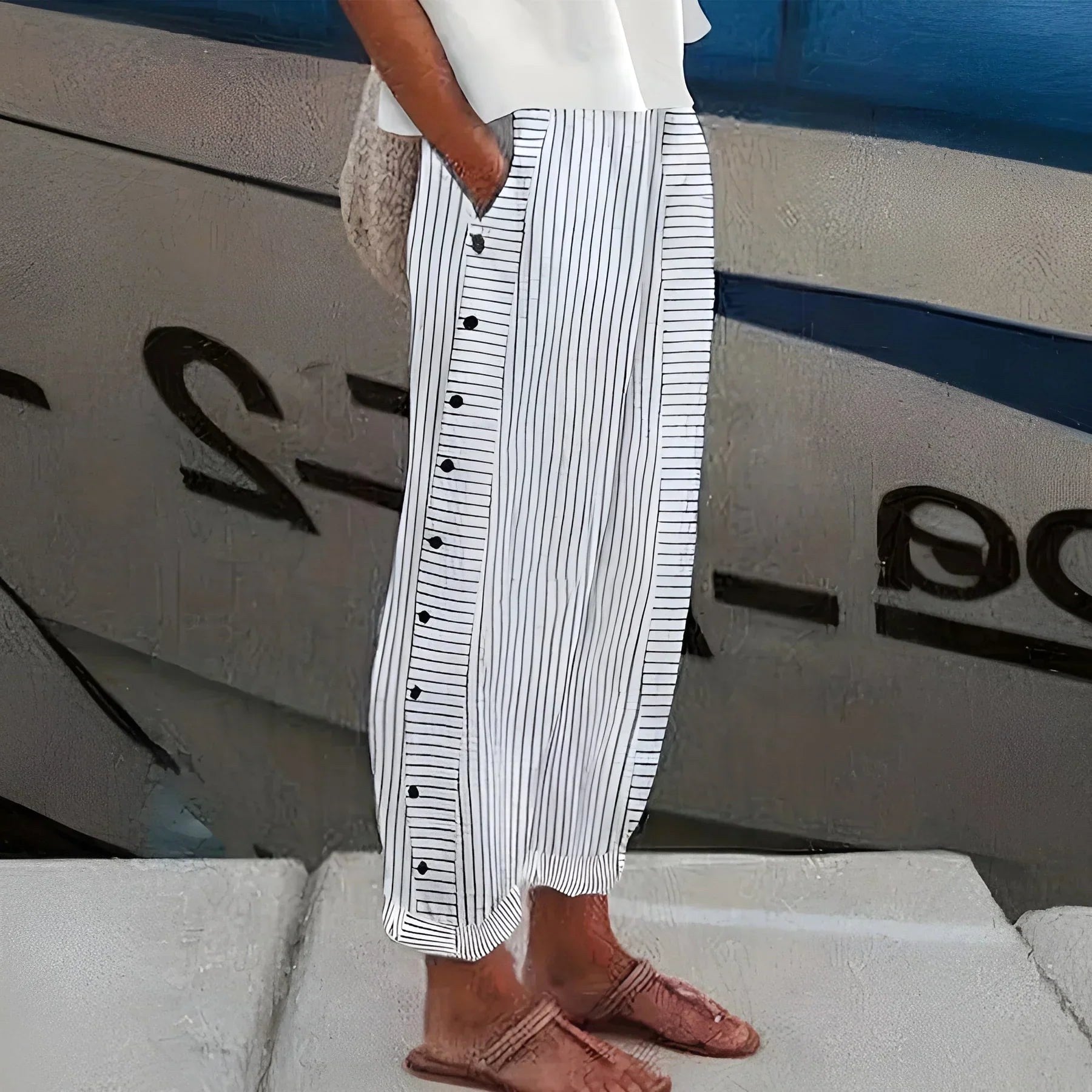 Bianca | Women's Lightweight Stripe Trousers, Relaxed Elastic Waist Trousers | Dressific | Gray