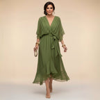 Brianna | Women's Midi Dress with V-Neckline and Adjustable Waist, Flowing Midi Dress | Dressific | Verde