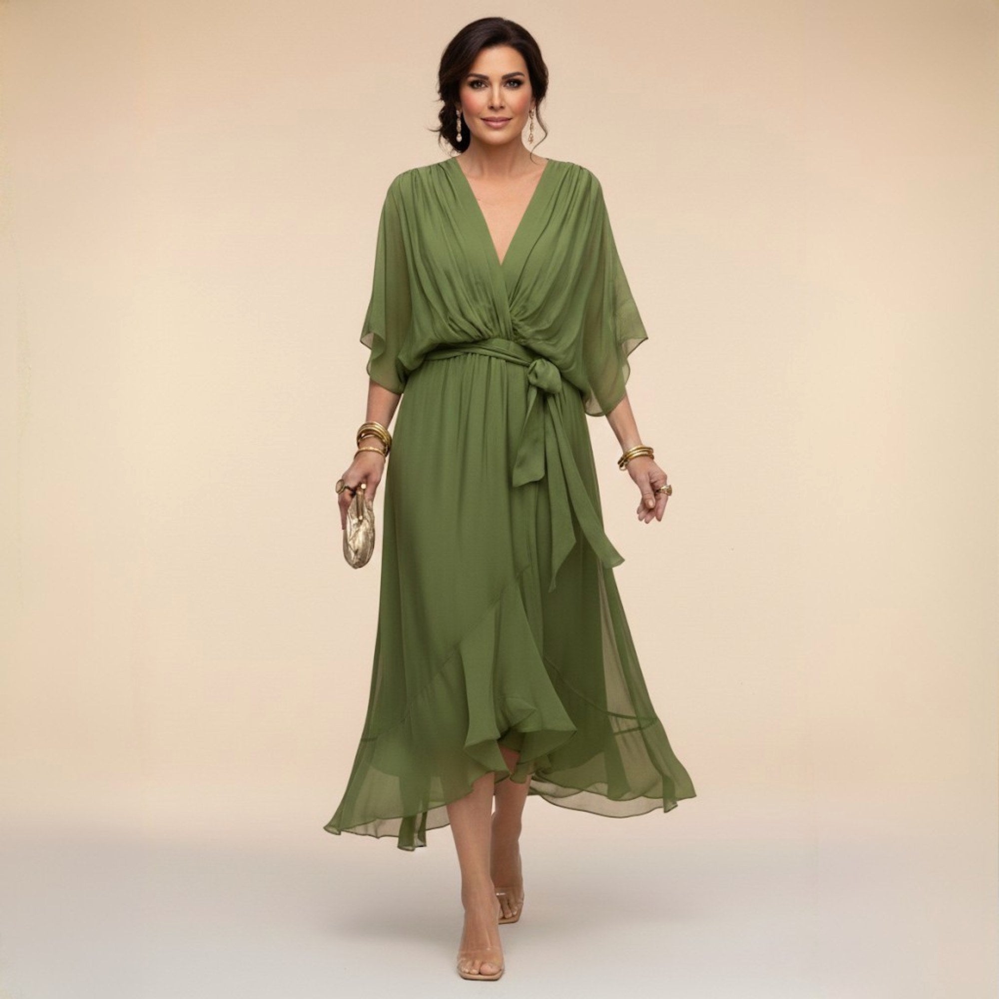Brianna | Women's Midi Dress with V-Neckline and Adjustable Waist, Flowing Midi Dress | Dressific | Verde