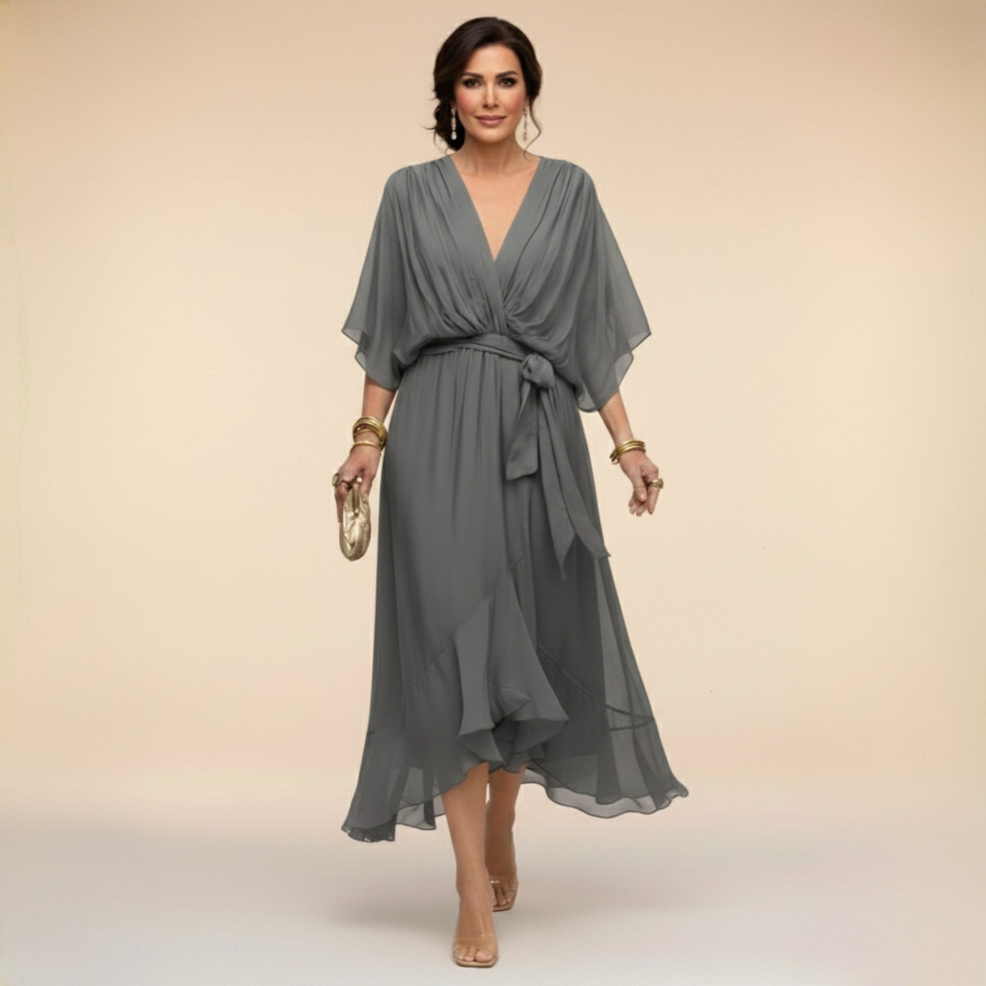 Brianna | Women's Midi Dress with V-Neckline and Adjustable Waist, Flowing Midi Dress | Dressific