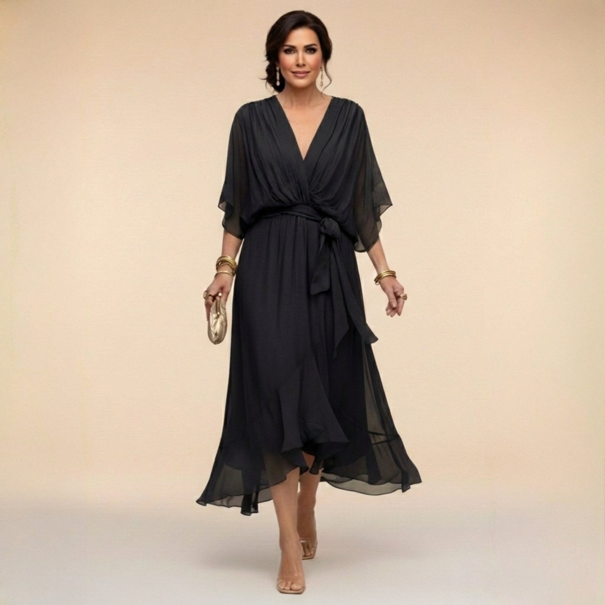 Brianna | Women's Midi Dress with V-Neckline and Adjustable Waist, Flowing Midi Dress | Dressific | Negro