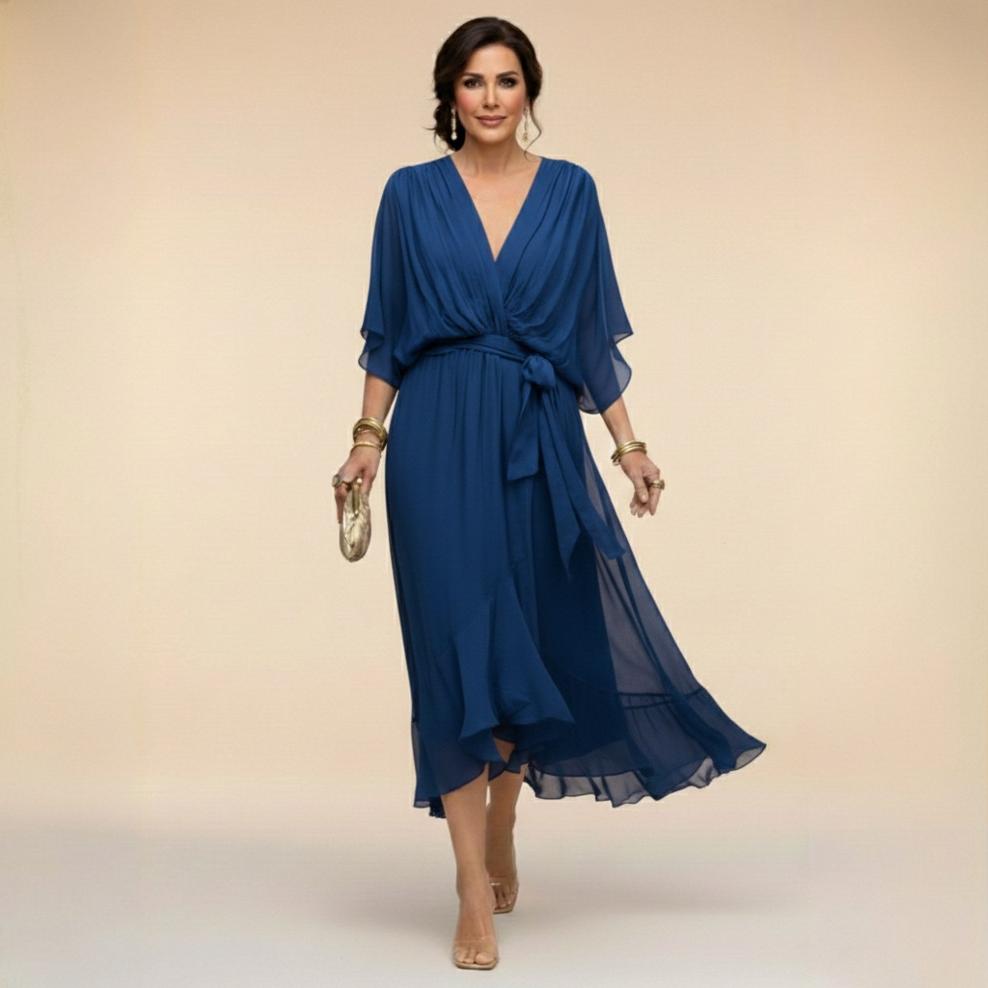 Brianna | Women's Midi Dress with V-Neckline and Adjustable Waist, Flowing Midi Dress | Dressific | Azul