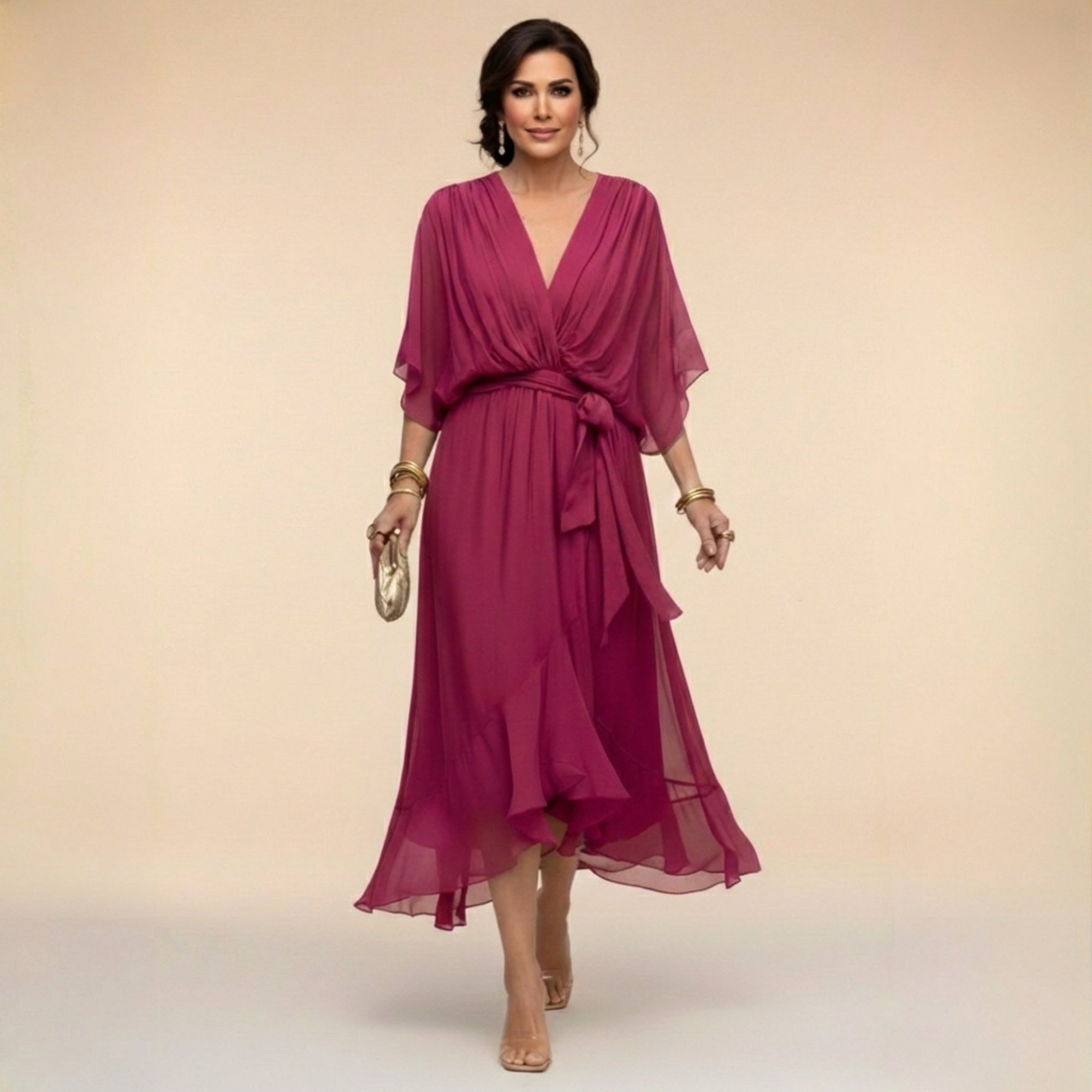 Brianna | Women's Midi Dress with V-Neckline and Adjustable Waist, Flowing Midi Dress | Dressific | Púrpura oscuro