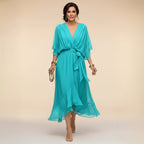 Brianna | Women's Midi Dress with V-Neckline and Adjustable Waist, Flowing Midi Dress | Dressific | Azul marino