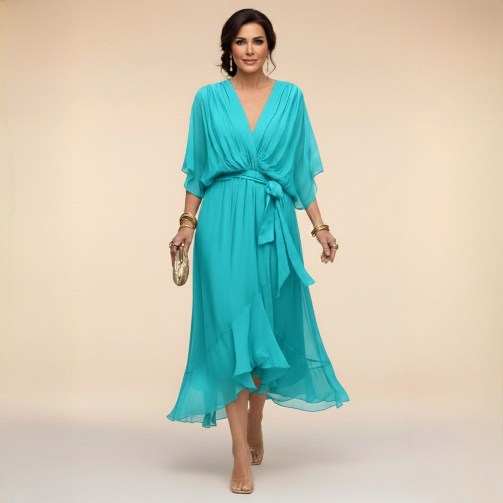 Brianna | Women's Midi Dress with V-Neckline and Adjustable Waist, Flowing Midi Dress | Dressific | Azul marino