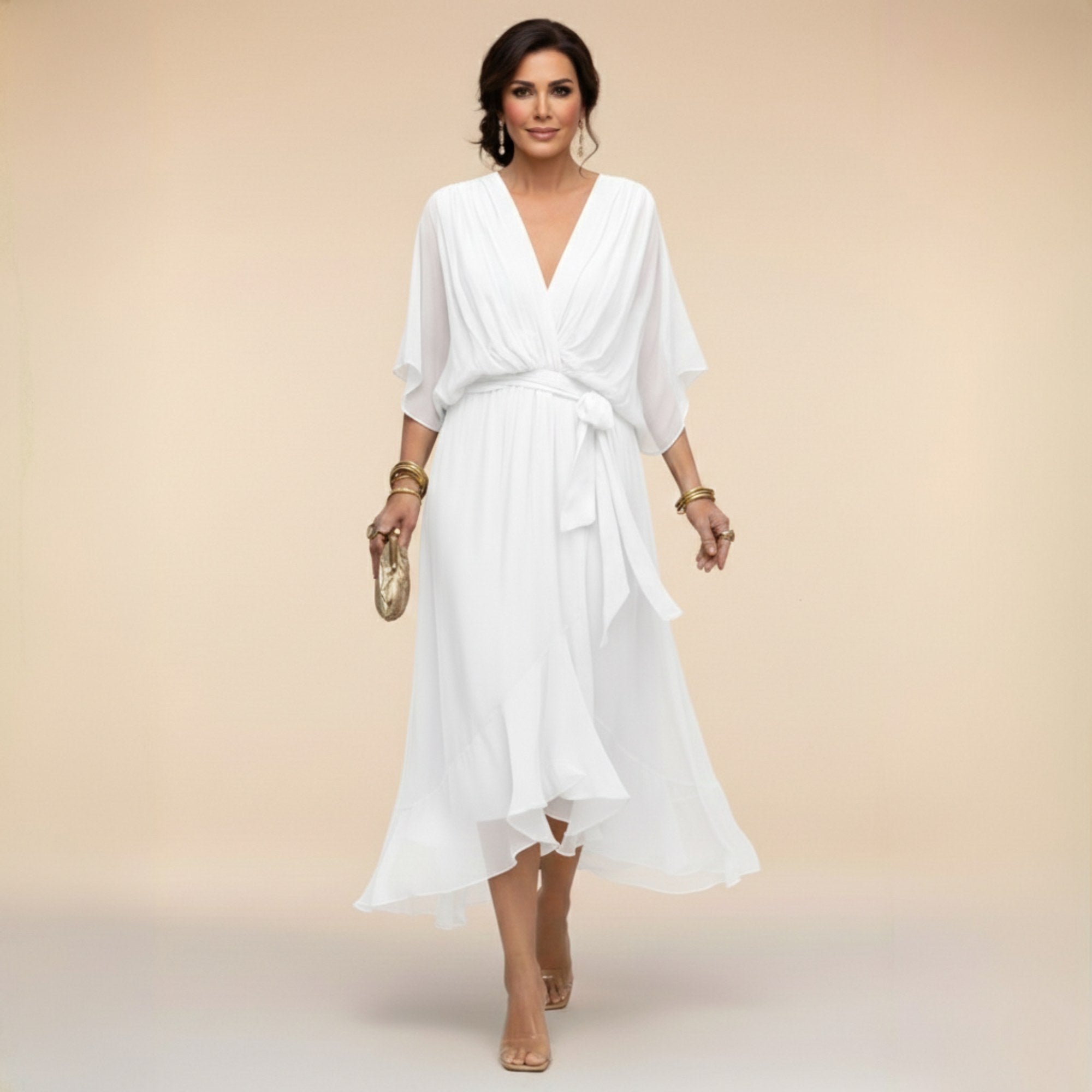 Brianna | Women's Midi Dress with V-Neckline and Adjustable Waist, Flowing Midi Dress | Dressific | Gris