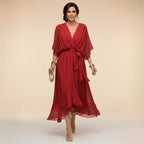 Brianna | Women's Midi Dress with V-Neckline and Adjustable Waist, Flowing Midi Dress | Dressific | Blanco