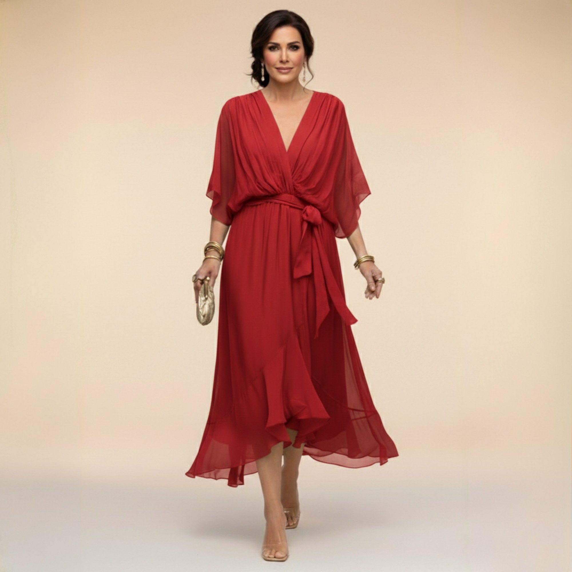 Brianna | Women's Midi Dress with V-Neckline and Adjustable Waist, Flowing Midi Dress | Dressific | Blanco