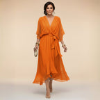 Brianna | Women's Midi Dress with V-Neckline and Adjustable Waist, Flowing Midi Dress | Dressific | Púrpura