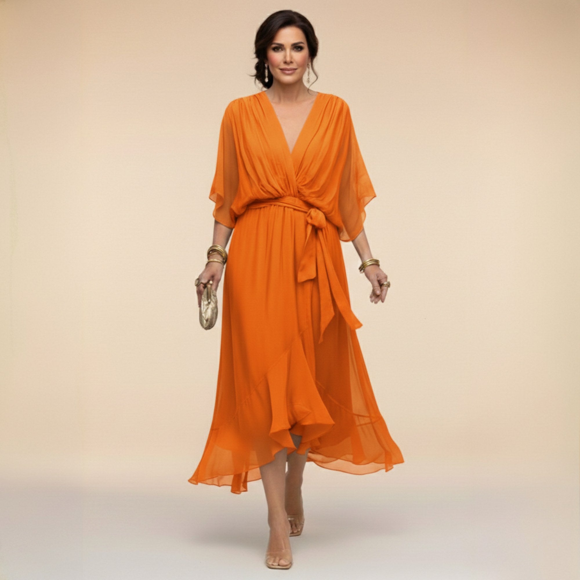 Brianna | Women's Midi Dress with V-Neckline and Adjustable Waist, Flowing Midi Dress | Dressific | Púrpura