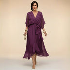 Brianna | Women's Midi Dress with V-Neckline and Adjustable Waist, Flowing Midi Dress | Dressific | Rojo